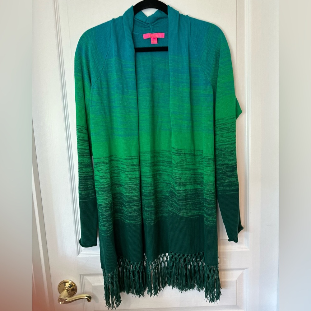 Lilly Pulitzer Green Ombre Cardigan with Fringe L EUC - Picture 1 of 5